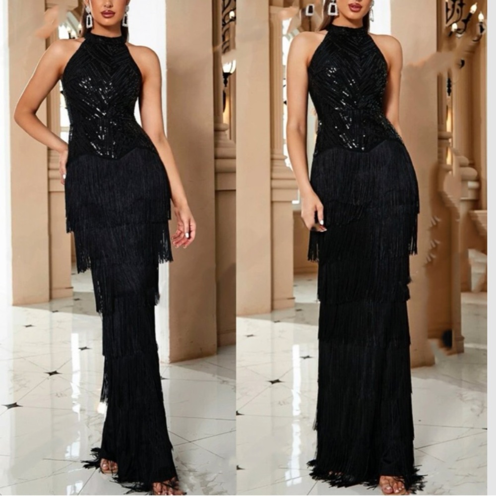 Luxe halter layered fringe sequins party formal wedding evening gown dress